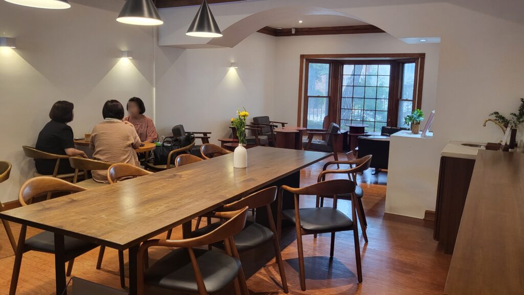 1st floor Wooden furniture at Fourstones minimalist cafe near Samseong Station