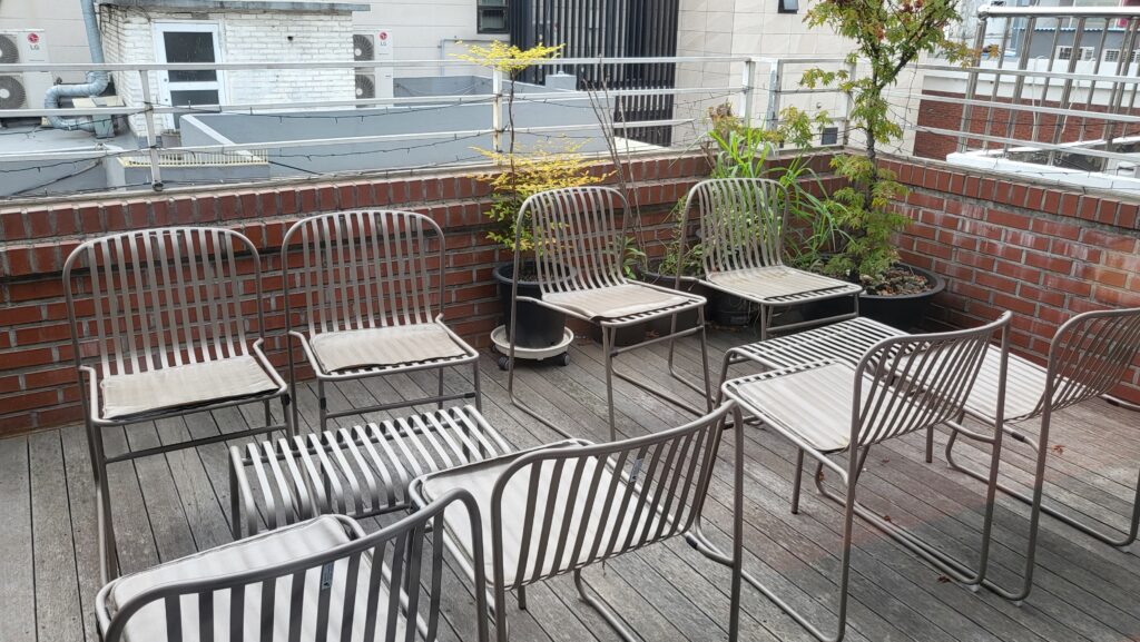 Rooftop group seating at European cafe near me near Konkuk University Station