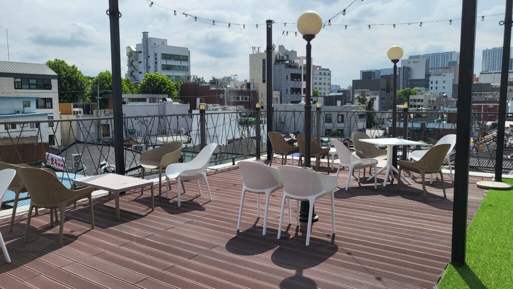 Rooftop view of traditional hanok houses from Ikseon-dong hanok cafe Wooz Bakery