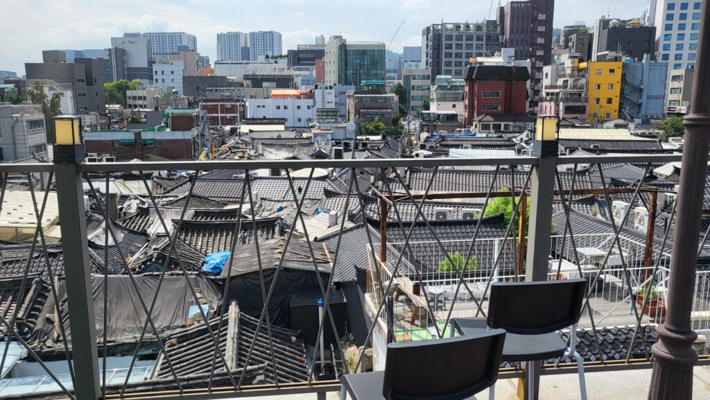 Rooftop view of traditional hanok houses from Ikseon-dong hanok cafe Wooz Bakery
