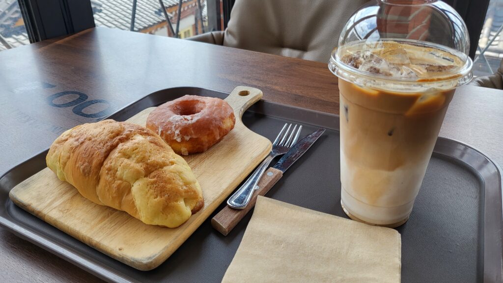 melon salted bread, glazed donut and coffee latte