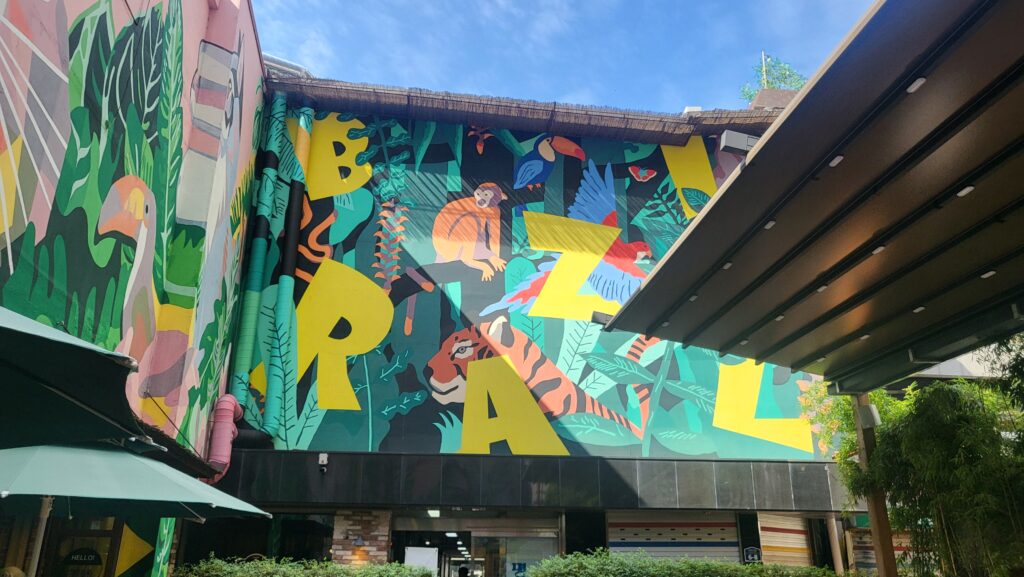 outdoor seating with animal mural walls