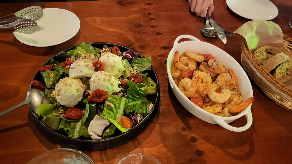 ricotta salad, gambas al ajillo and baguette