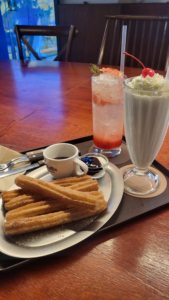Churros set, milkshake and grapefruit ade