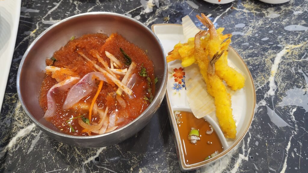 korean cold raw fish soup and fried shrimp