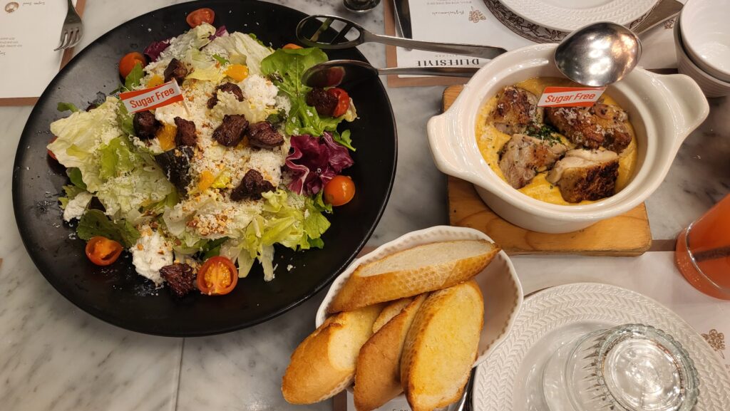 truffle ricotta cheese salad, spicy cheese stew, baguette with grass-fed butter
