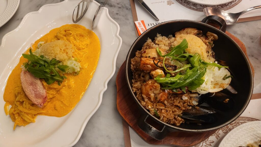 whole pollack roe cream pasta, seafood paella